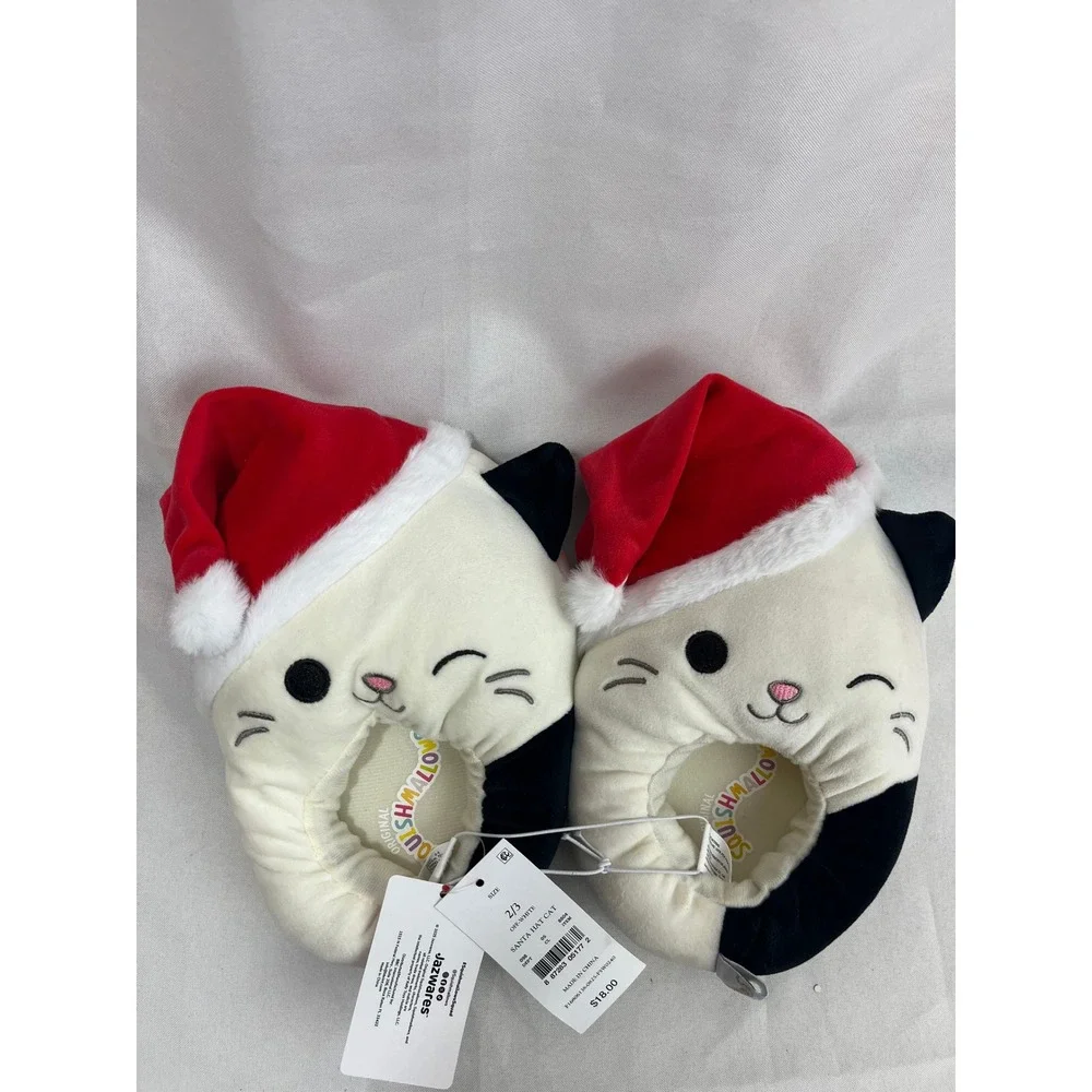 Squishmallows Santa Hat Cat Slippers Off-White Black Holiday Kids Size 2/3 NEW